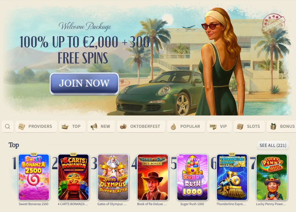 Homepage di VipLuck casin&ograve; online con pacchetto di benvenuto e slot pi&ugrave; giocate