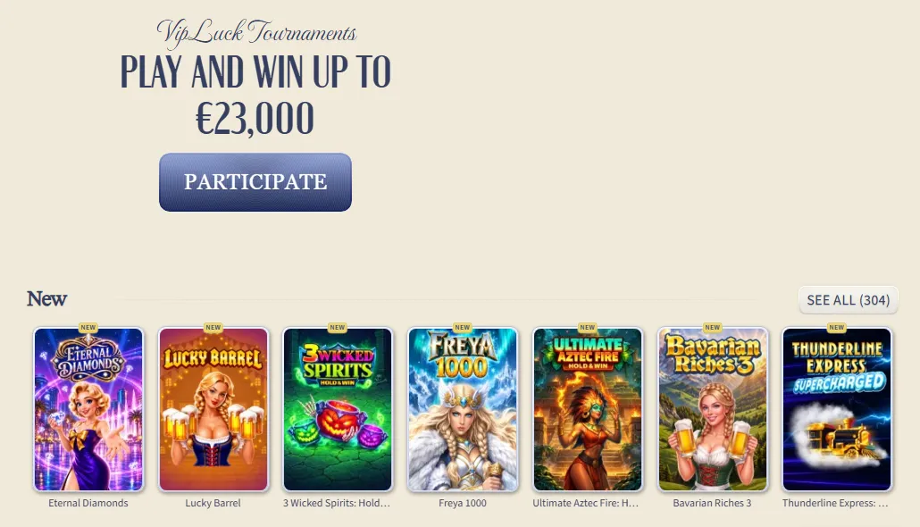 Sezione tornei e nuove slot nella lobby di VipLuck